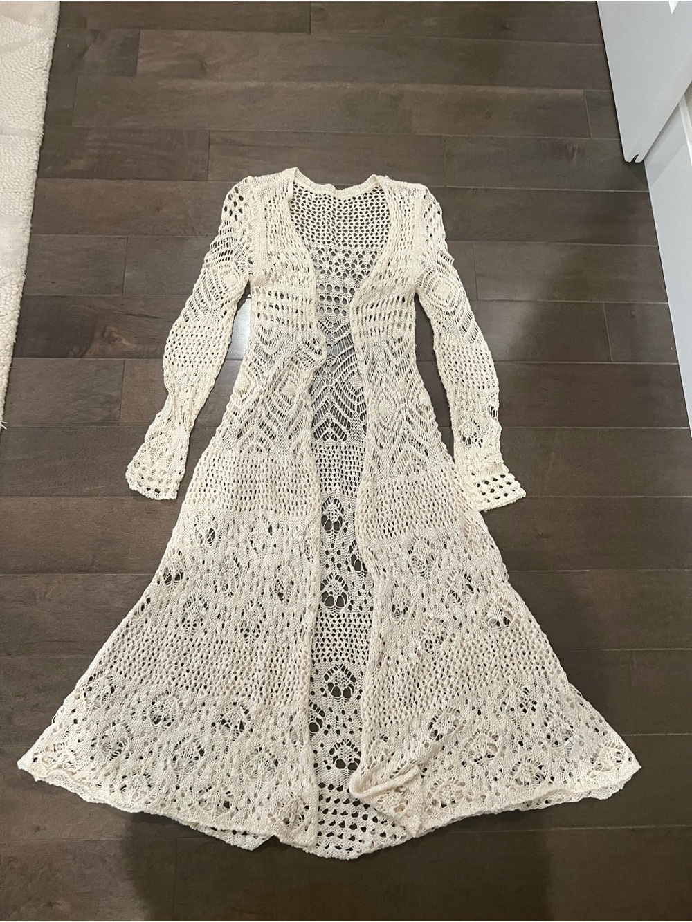 Vintage Mossimo Supply Co. Boho Cream Crochet Long Open Front Summer Duster Coat - Picture 2 of 10